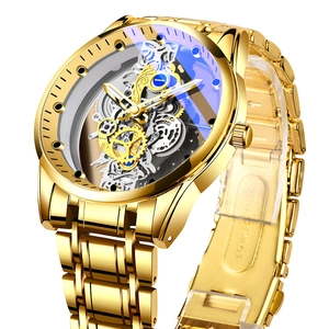Men's skeleton automatic mechanical watch in gold finish with stainless steel strap