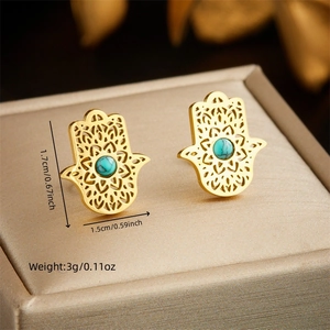 Goldene Hamsa-Ohrringe mit Türkisstein, Größe 1,7x1,5 cm und einem Gewicht von 3g