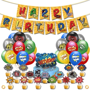 Superhero party decoration set with latex balloons, cake toppers and birthday banner