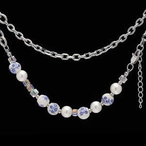 Chinese Style Blue White Porcelain Ceramic Bead Necklace With Faux Artificial Pearl Stainless Steel Chain Unisex Hip Hop Jewelry