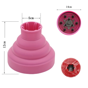 Pink silicone hair diffuser showing folding design and 14cm diameter dimensions