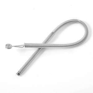 Flexible metal spring threading tool for elastic bands and drawstrings on white background