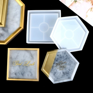 Silicone coaster molds with finished marble effect square and hexagonal resin pieces
