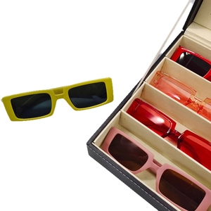 Lunettes de soleil rectangulaires rétro fluo avec boîte de rangement en cuir noir