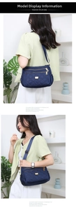 Detail of navy blue quilted nylon crossbody bag with gold zippers and adjustable strap