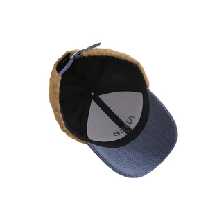 Plush kids baseball cap with blue corduroy brim and brown faux fur body, adjustable strap