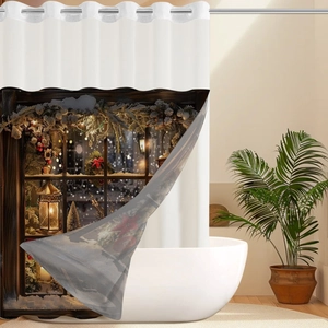Detail of Christmas shower curtain featuring 3D winter landscape and metal eyelets