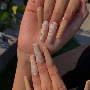Long Coffin Press On Nails Heart Pattern Rhinestone Brown Nude Reusable Full Cover False Nails
