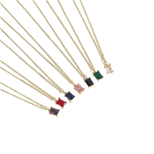 Elegant gold necklaces with colorful rectangular zircon pendants in seven vibrant colors