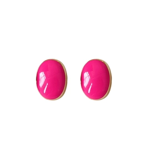 Vintage style pink oval stud earrings with gold metal trim on a clean white background