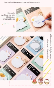 Detail of cute animal-shaped sticky notes including birds, dogs, and rabbits in pastel colors