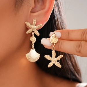 Asymmetrical Sea Star Shell Conch Drop Earrings With Silver Earring Post Alloy Ocean Beach Vacation Jewelry For Women