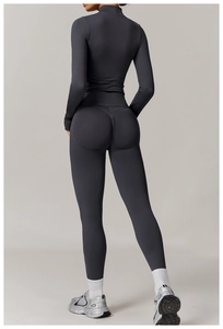 Detail of dark grey seamless yoga set featuring scrunch butt leggings and high neck top