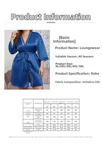 Size chart for plus size satin lace robe showing measurements from XL to 5XL