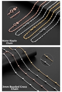 Detail of S925 silver water wave chain and bead cross chain in gold and silver finishes