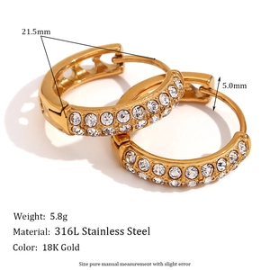 Gold plated 18K stainless steel hoop earrings with double row zircon and hollow hearts