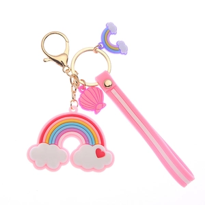 Cute rainbow keychain with pink silicone wristlet and shell pendant on white background