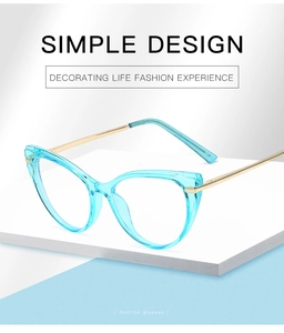Detailed side view of cat-eye glasses with blue frames and gold metal temples