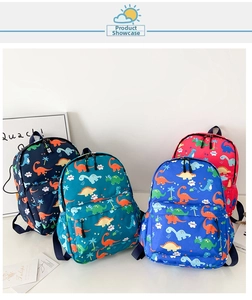 Front view of colorful dinosaur backpacks in four bright colors for preschool children