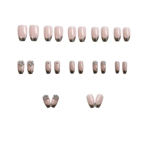Star and moon press-on nails set with mocha pink base and silver glitter star decorations