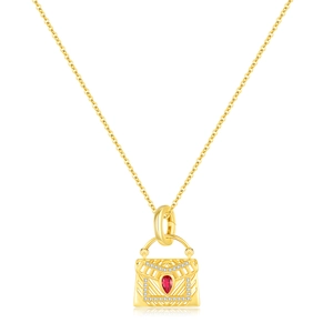 Collier luxe en argent S925 avec pendentif sac doré et pierre rouge en forme de goutte