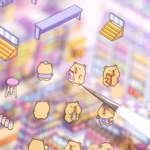 Cartoon PET transparent stickers featuring cute bears and capybaras with scenery