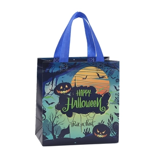 Halloween non-woven party gift bag with pumpkin and bat prints and blue handles