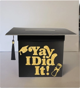 Black graduation cap box with golden Yay I Did It text and silk tassel detail