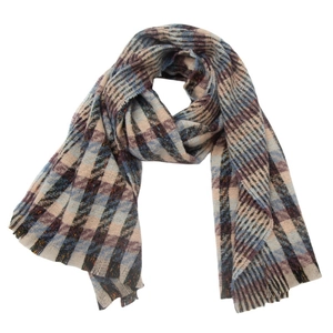 Close-up of multicolored plaid scarf showing textured twill weave and short frayed edges