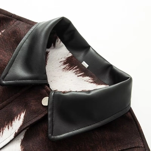 Women's animal print jacket with black PU leather collar and soft textured fabric