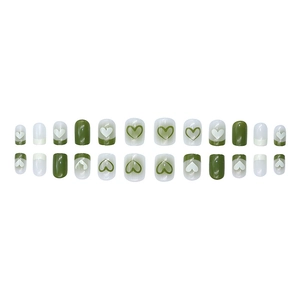 Fresh green heart pattern press-on nails with French tip design in gloss finish