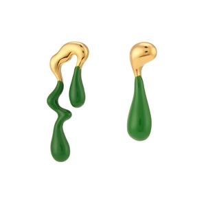 Asymmetric lava melt style earrings in 18K gold plated stainless steel with green enamel
