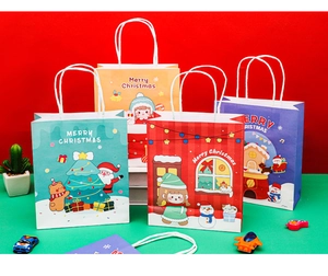 Colorful Christmas gift bags set with festive cartoon Santa and reindeer illustrations