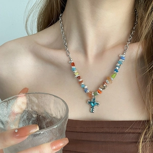 Colorful crushed stone necklace with blue heart gemstone cross pendant for women