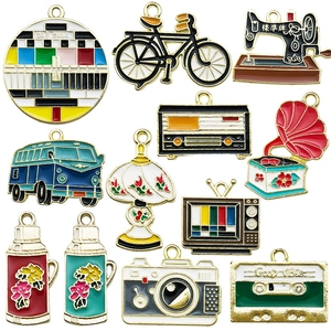 Retro Vintage Alloy Enamel Charms For DIY Jewelry Making Pendants Camera Sewing Machine Bicycle TV Radio Kettle Cassette