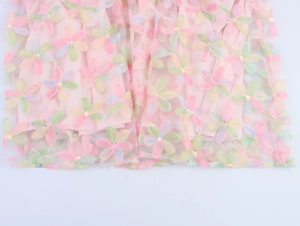 Detailed view of pink mesh fabric with 3D floral embroidery and sequin embellishments