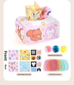 Detail of baby tissue box toy set including plush box, crinkle papers and silk scarves