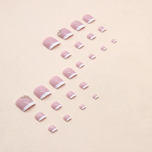 French style pink press-on toenails with sparkling rhinestones and white tips