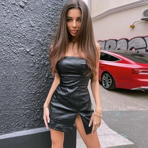 Vestito Mini Tubino Donna Pelle PU Nero Motivo Coccodrillo Aderente Spacco Laterale Abbigliamento Sexy Da Club