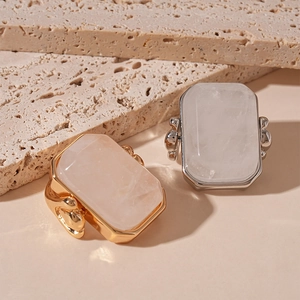Minimalist square natural stone geometric rings in gold and silver metal finishes