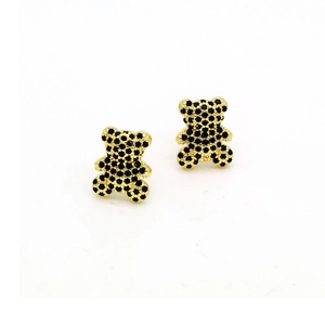 Cute bear-shaped stud earrings in gold with black micro-pave zircons for women