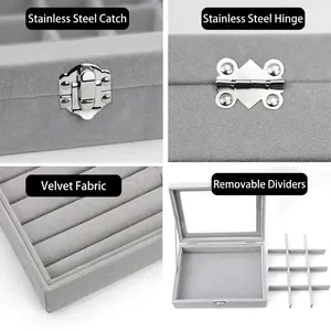 Gray velvet jewelry box with clear lid, stainless steel hardware and adjustable slots