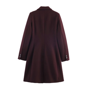 Detailed back view of a burgundy wool coat featuring slim fit cut and buttoned cuffs
