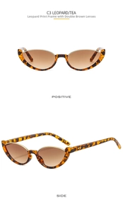 Detailed views of leopard cat eye sunglasses with tea lenses and golden metal accents