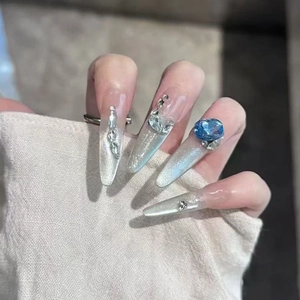 Uñas Postizas Largas Stiletto Strass Azul Ojo De Gato Perla Artificial Brillo Estilo Dulce Para Mujeres
