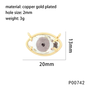 Detailed dimensions of 18K gold plated copper evil eye pendant showing 20mm width and 13mm height