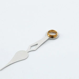 Quartz movement clock hands set in silver metal with gold ring and teardrop design