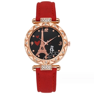 Orologio al quarzo da donna con cinturino in pelle rossa e motivo della Torre Eiffel