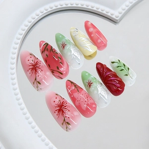 Press-on nails with 3D floral bubbles and pink blush gradient stiletto design