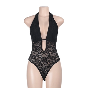 Detailed view of black lace halter bodysuit with sheer floral patterns and deep V-neckline